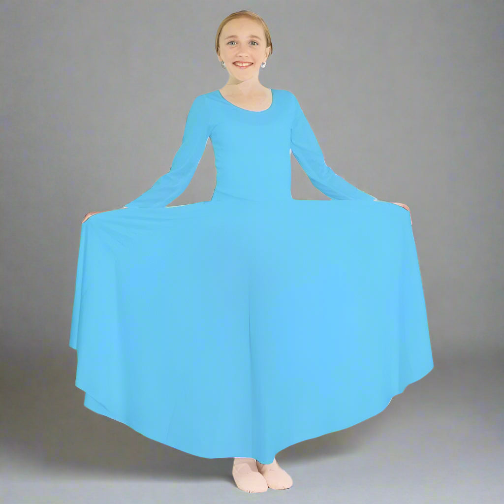 Danzcue Praise Full Length Long Sleeve Child Dance Dress - Aqua Blue