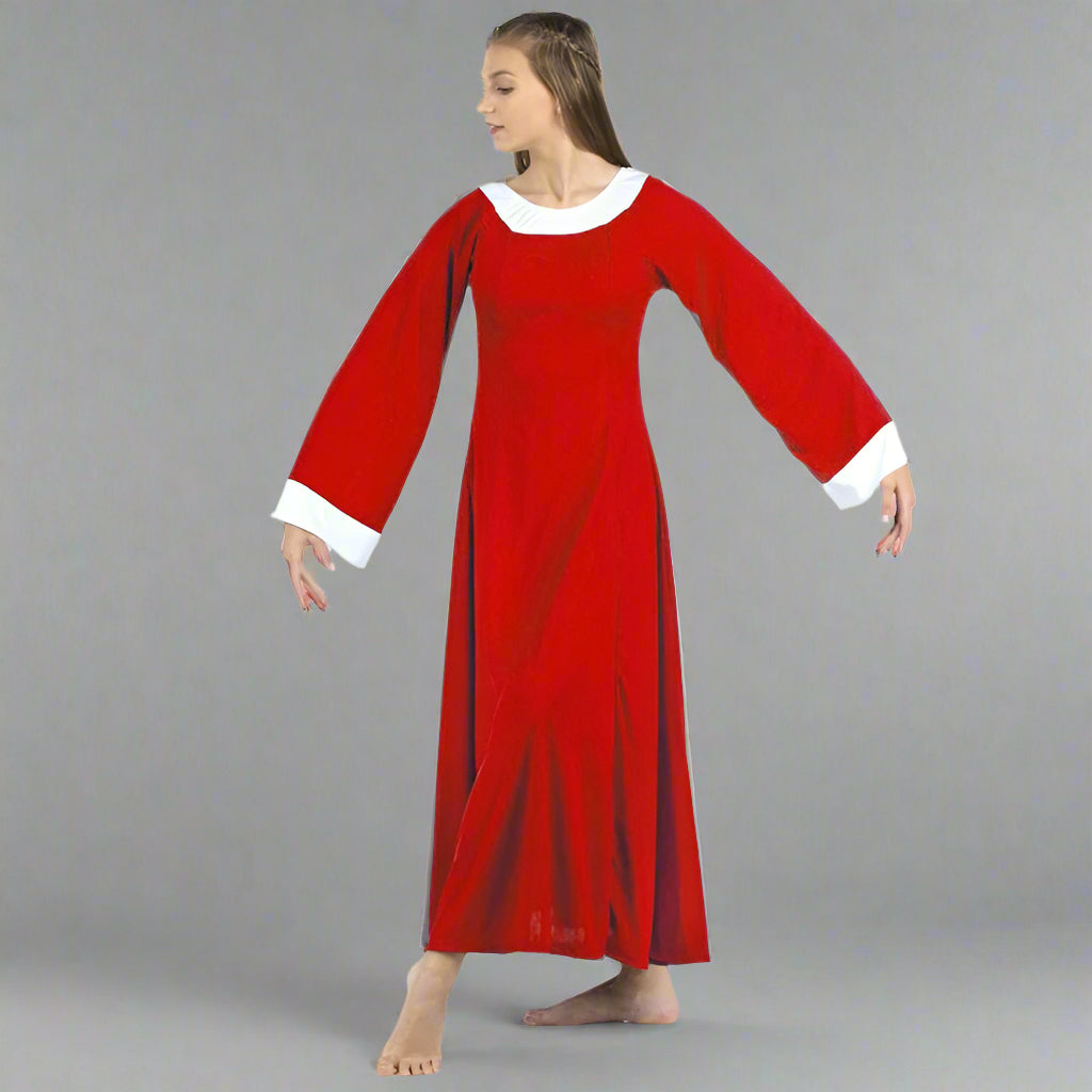 red praise dance dress Contrast Cuff Round Neck Dance Dress Scarlet / 2XL-3XL-Adult