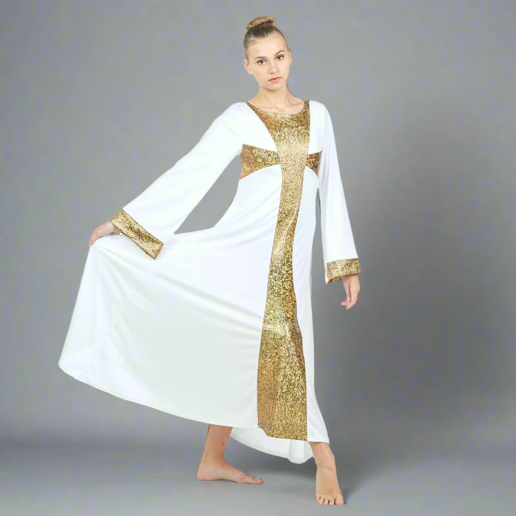 white praise dance dress Sequin Cross Bell Sleeve Dance Dress