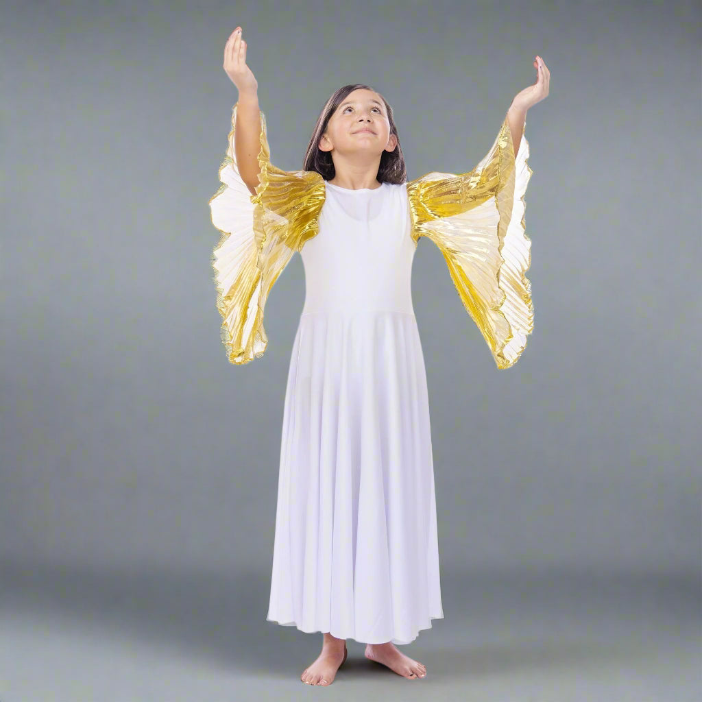 Danzcue Praise Dance Full Length Wing Sleeve Dress White-Gold / L-XL-Adult Danzcue Praise Dance Full Length Wing Sleeve Dress White-Gold / L-XL-Adult