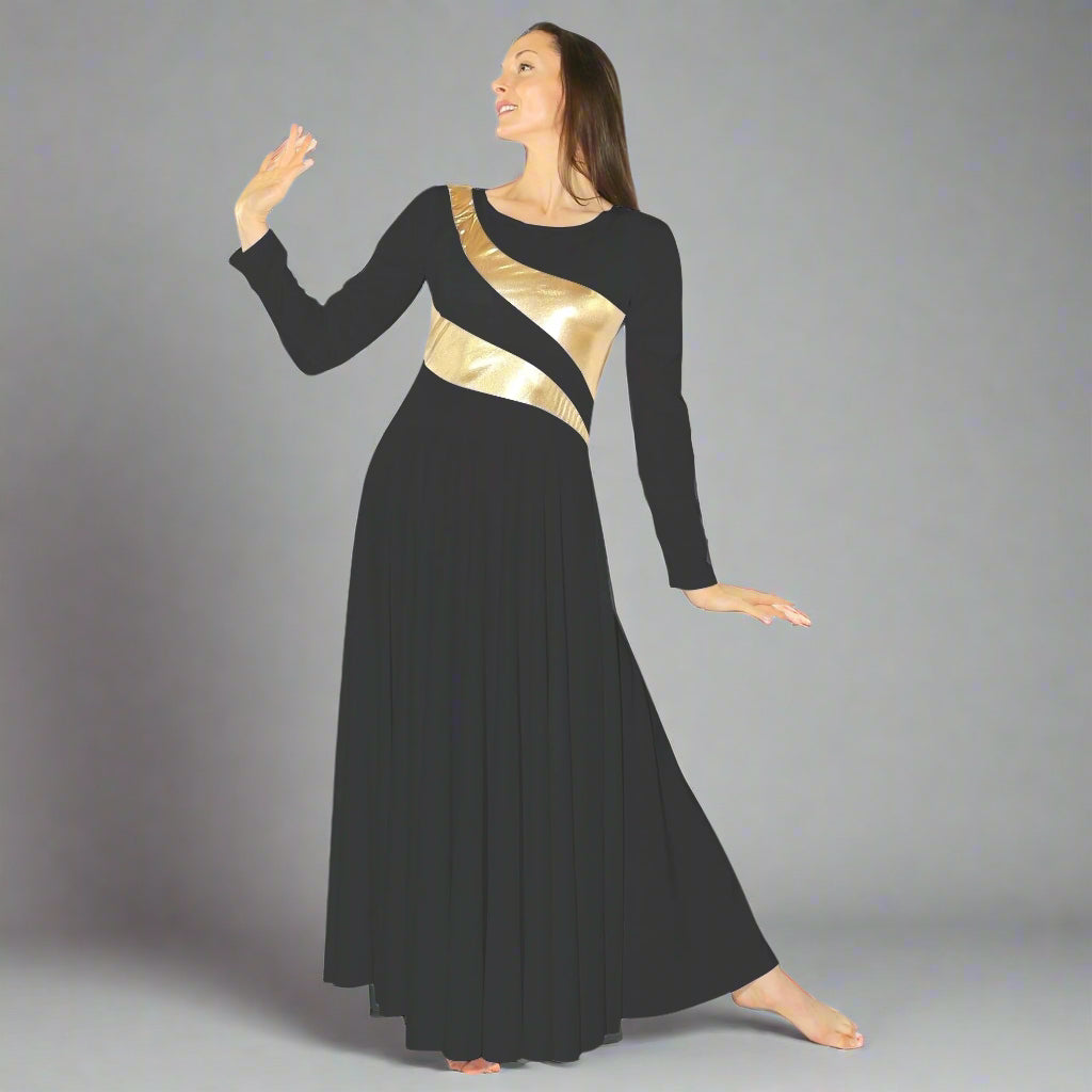 Danzcue Praise Dance Shimmery Parallel Long Sleeve Dress - Black-Gold
