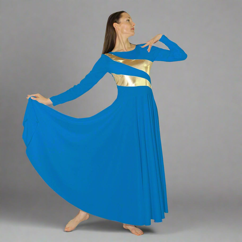 Danzcue Praise Dance Shimmery Parallel Long Sleeve Dress - Bright Royal-Gold