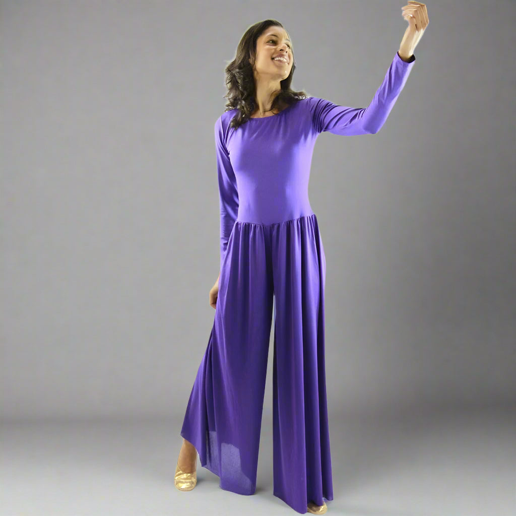 Danzcue Praise Dance Long Sleeve Crew Neck Jumpsuit - Deep Purple