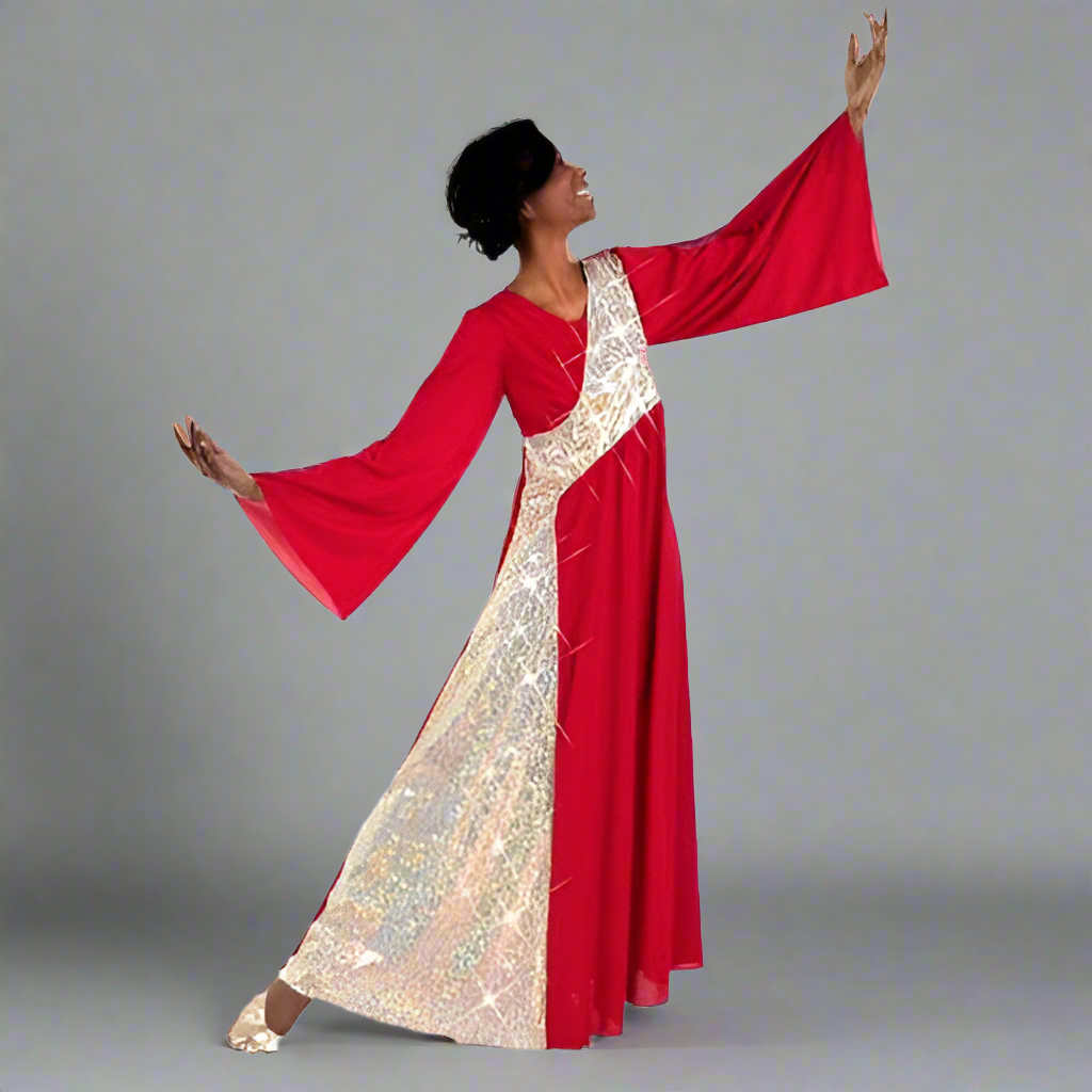 Body Wrappers Ministry Dance Shimmery Asymmetrical Bell Sleeve Dress
