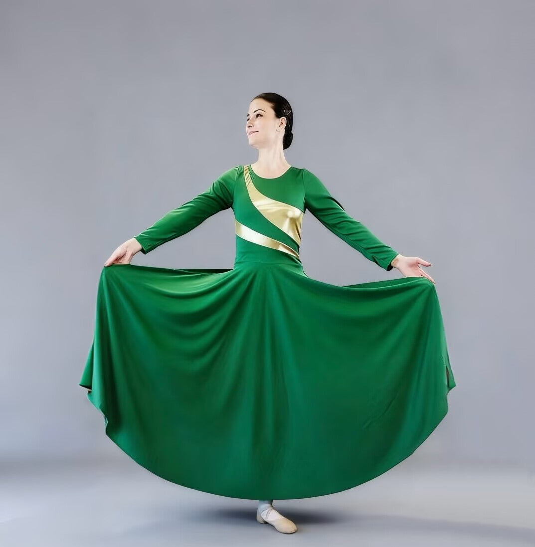 Diagonal Gold Stripe Long Sleeve Dance Dress