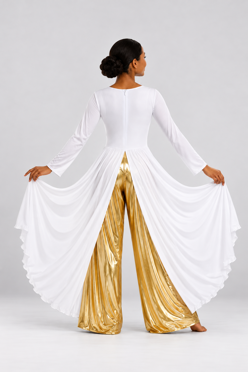 Women's Metallic Praise Dance Jumpsuit with Split Skirt Overlay