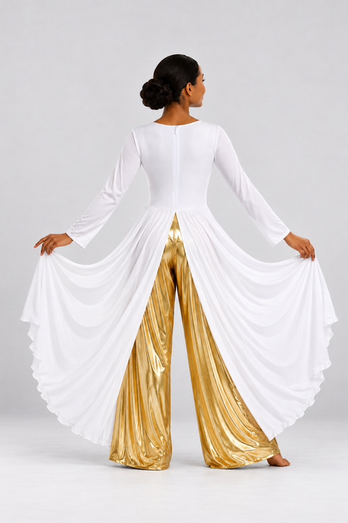 Women's Metallic Praise Dance Jumpsuit with Split Skirt Overlay