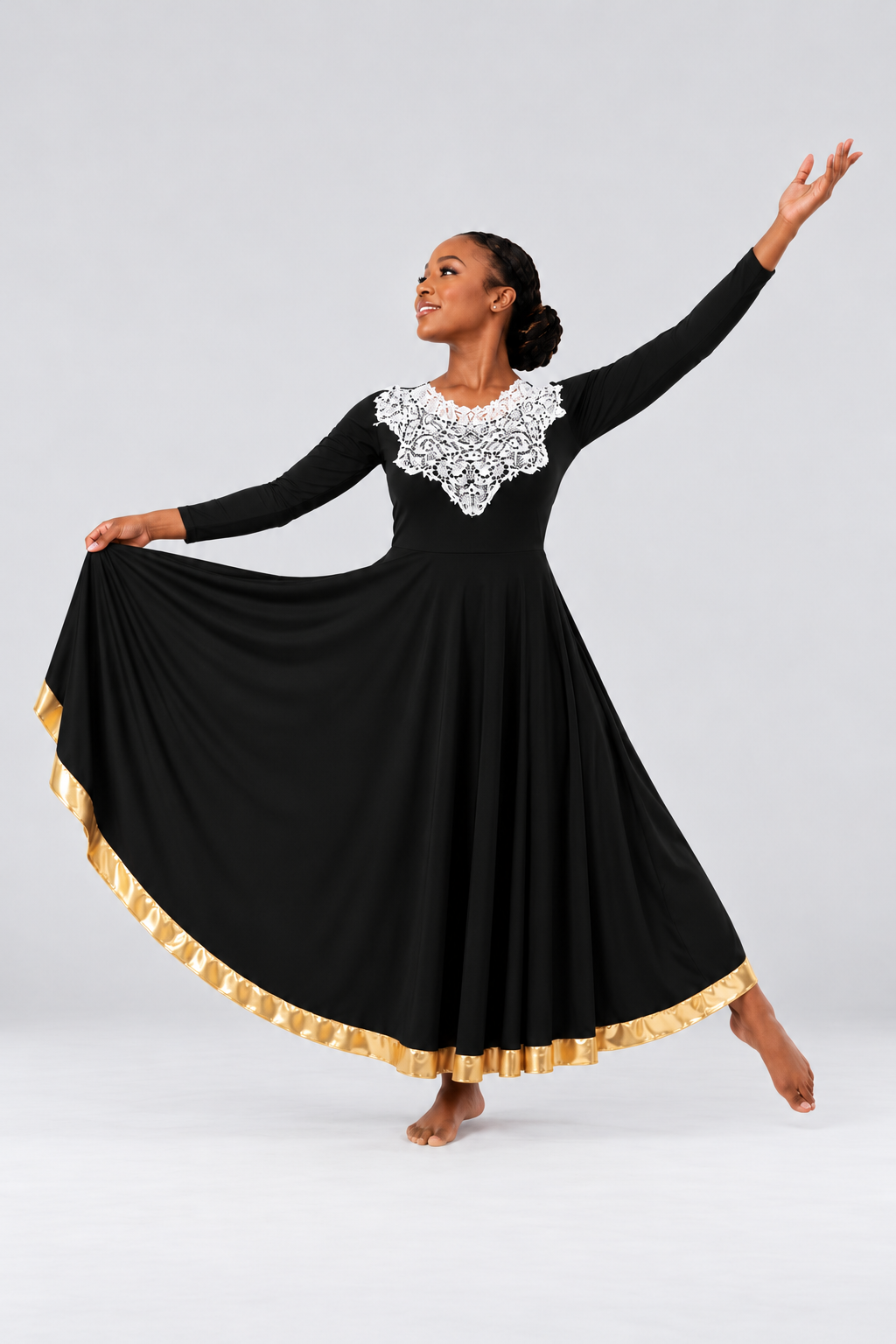 Women's Lace-Yoke Praise Dance Dress with Metallic Hem Trim