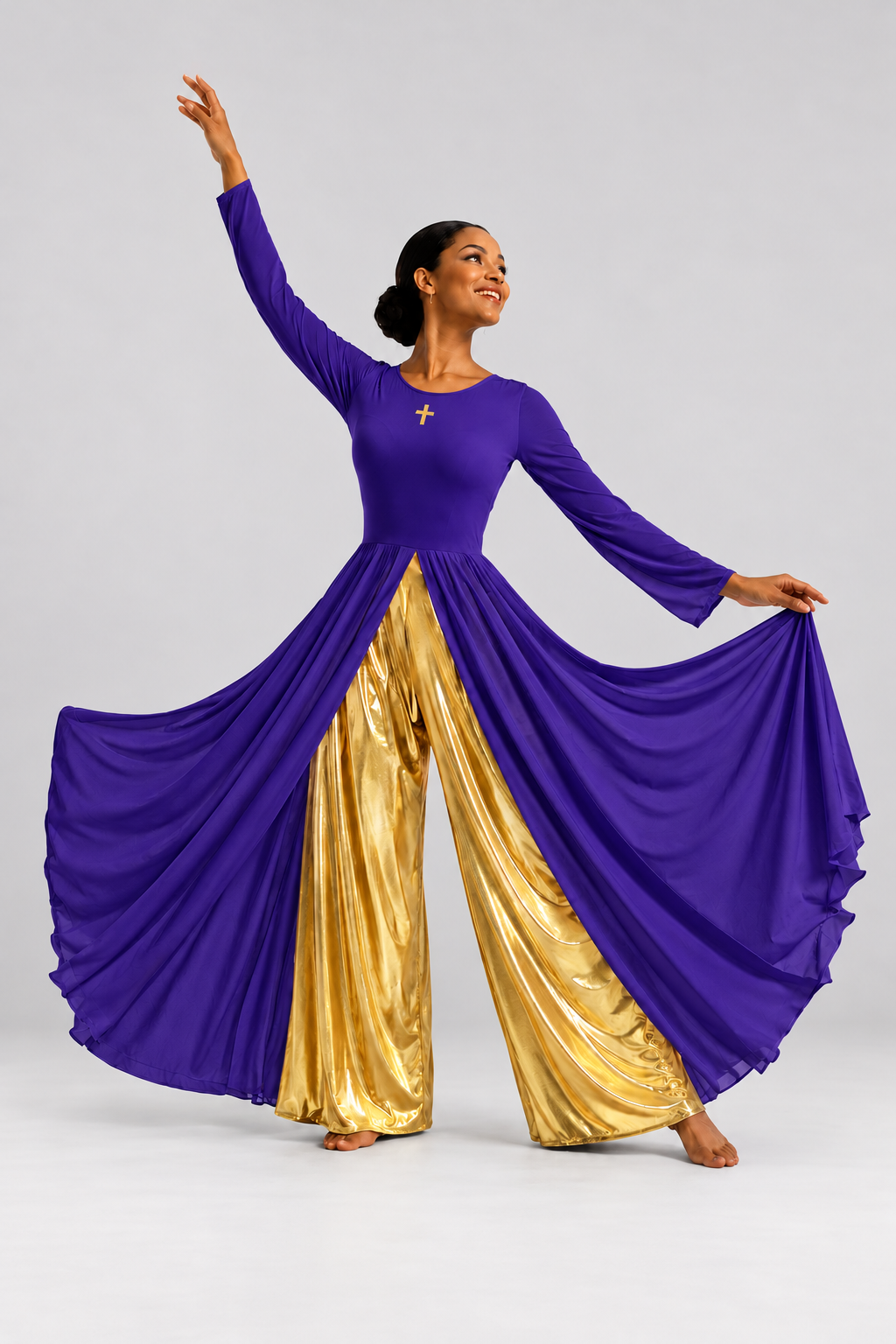 Women's Metallic Praise Dance Jumpsuit with Split Skirt Overlay