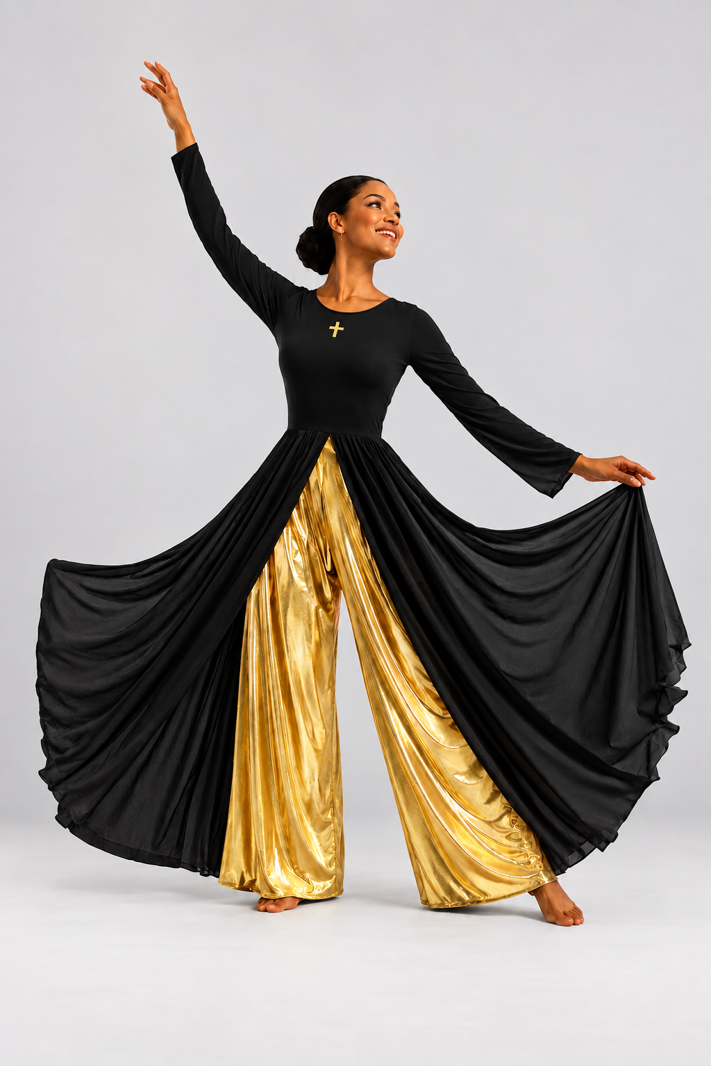 Women's Metallic Praise Dance Jumpsuit with Split Skirt Overlay