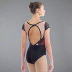 Baiwu Women's Half Sleeve Mesh Print Heart Back Leotard - Black