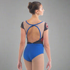 Baiwu Women's Half Sleeve Mesh Print Heart Back Leotard - Bright Royal