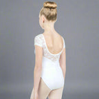 Baiwu Child Cap Sleeve Lace Up Round Back Leotard - White