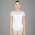 Baiwu Adult Cap Sleeve Lace Up Round Back Leotard - White