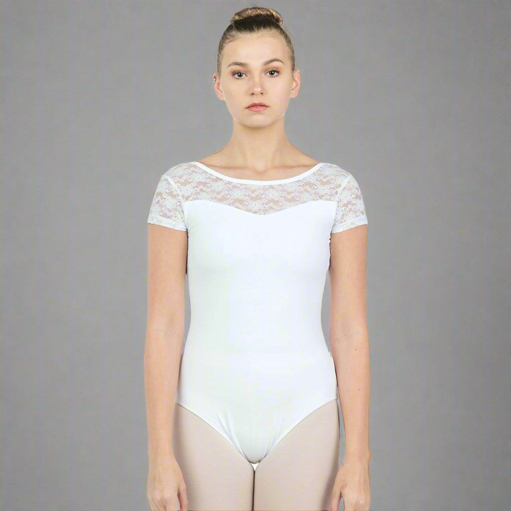 Baiwu Adult Cap Sleeve Lace Up Round Back Leotard - White