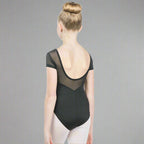 Baiwu Child Cap Sleeve Mesh Up Round Back Leotard - Black