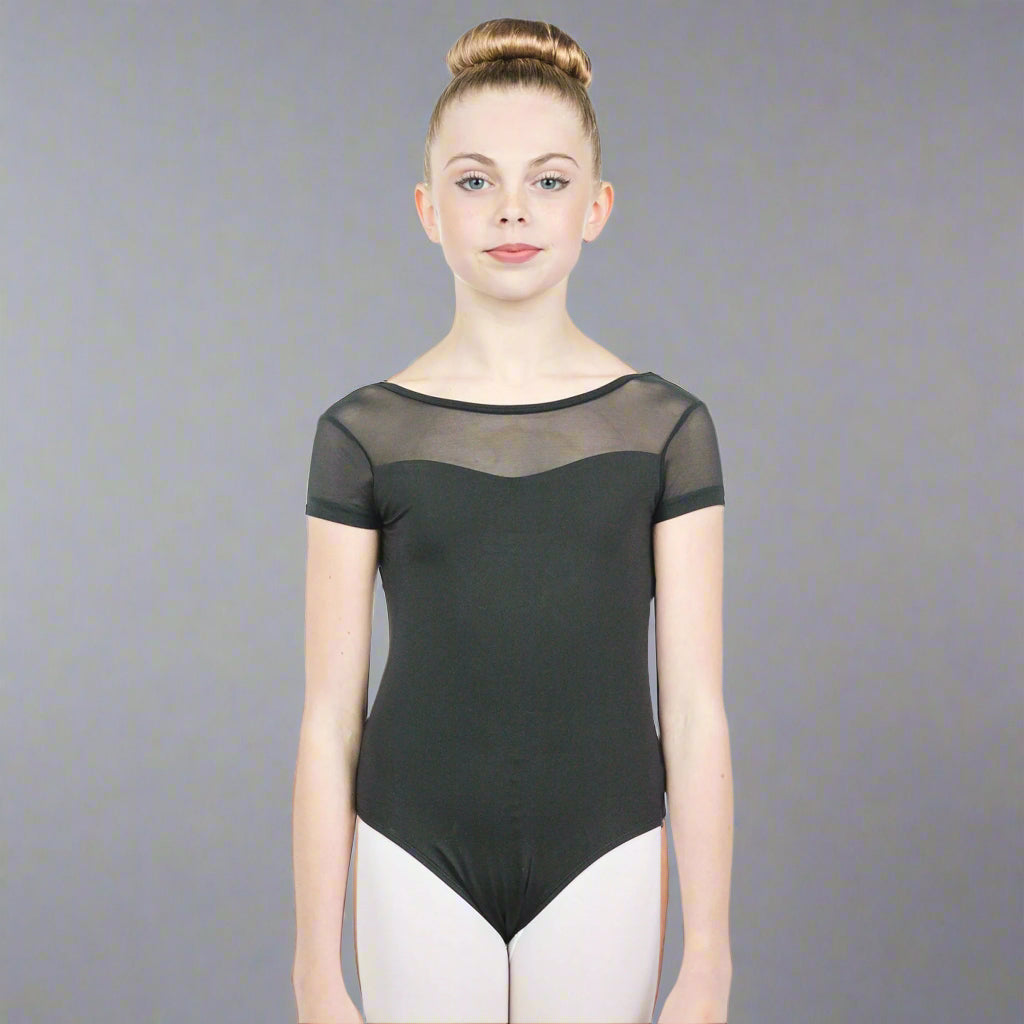 Baiwu Child Cap Sleeve Mesh Up Round Back Leotard