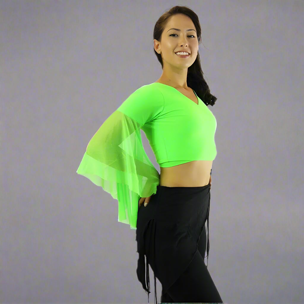 Chiffon Belly Dance Top with Transparent Sleeves - Lime Green