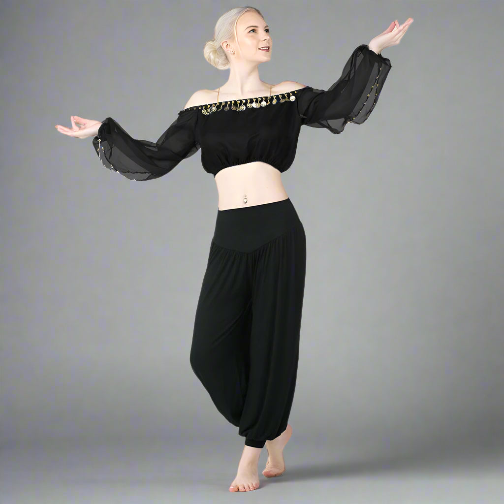 Danzcue Belly Dance Chiffon Long Puff Sleeves Top - Black