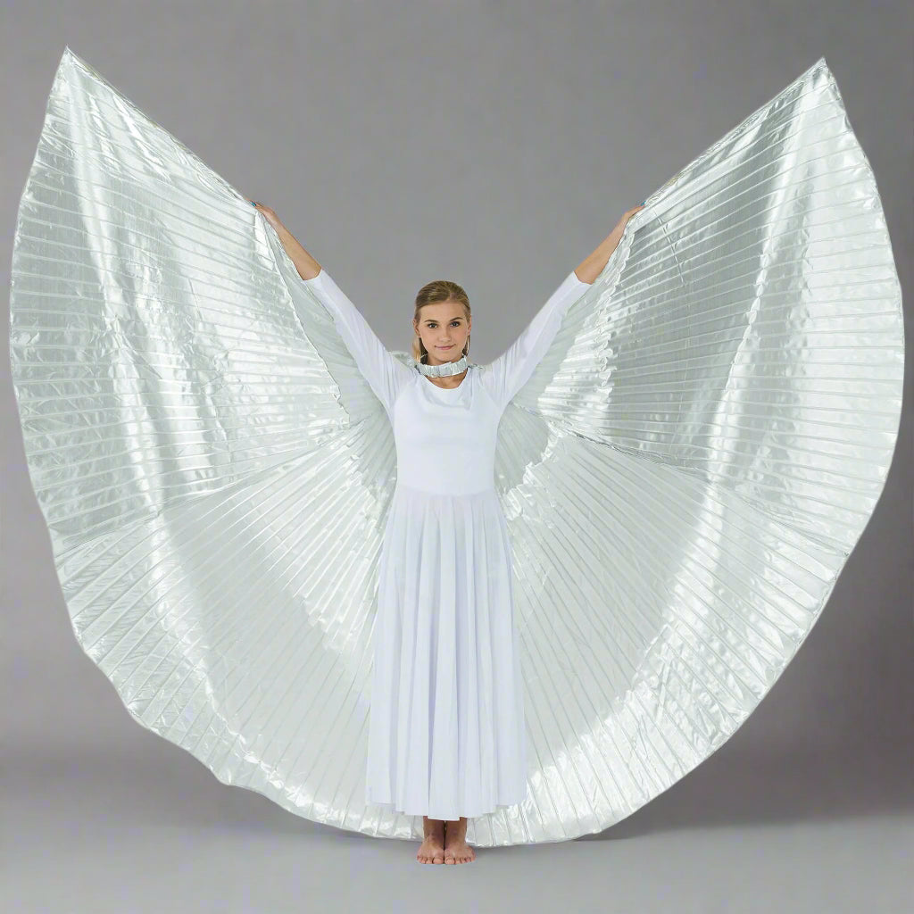 Danzcue Solid Silver Belly Dance Worship Angel Wings With Sticks | Performance Costume Accessory