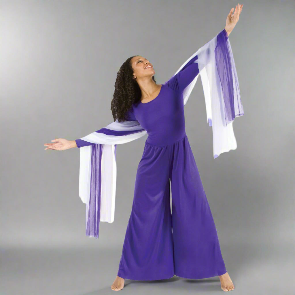 Body Wrappers Liturgical Dance Long Sleeve Crew Neck Jumpsuit - Deep Purple