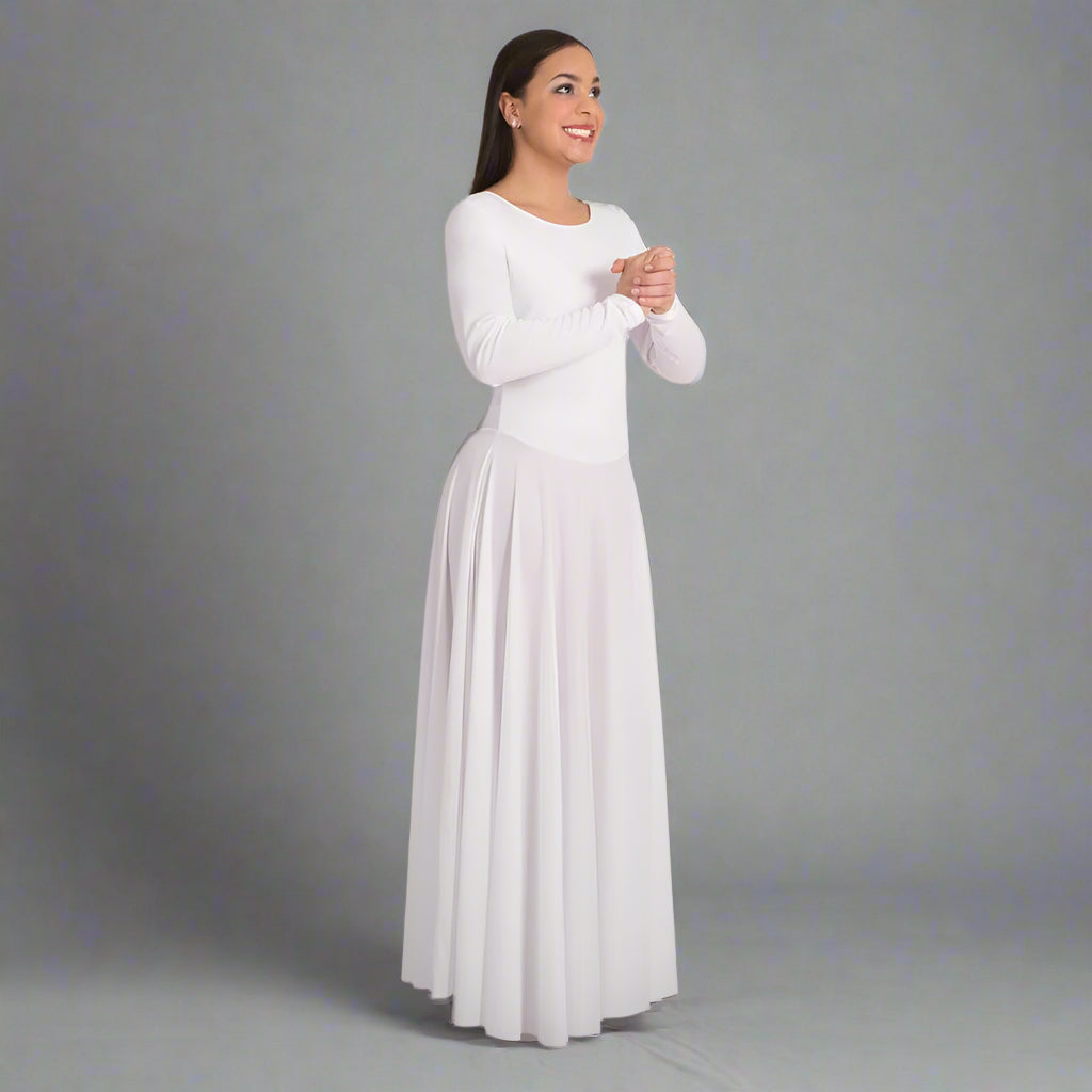 Body Wrappers Praise Full Length Long Sleeve Dance Dress - White