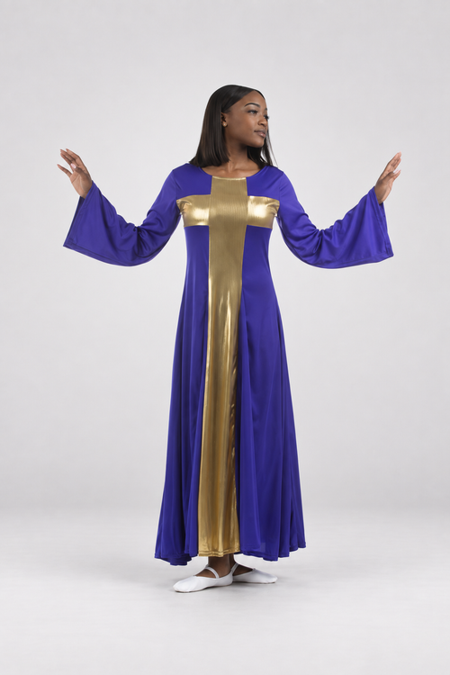Metallic Panel Flared Cross Long Dress