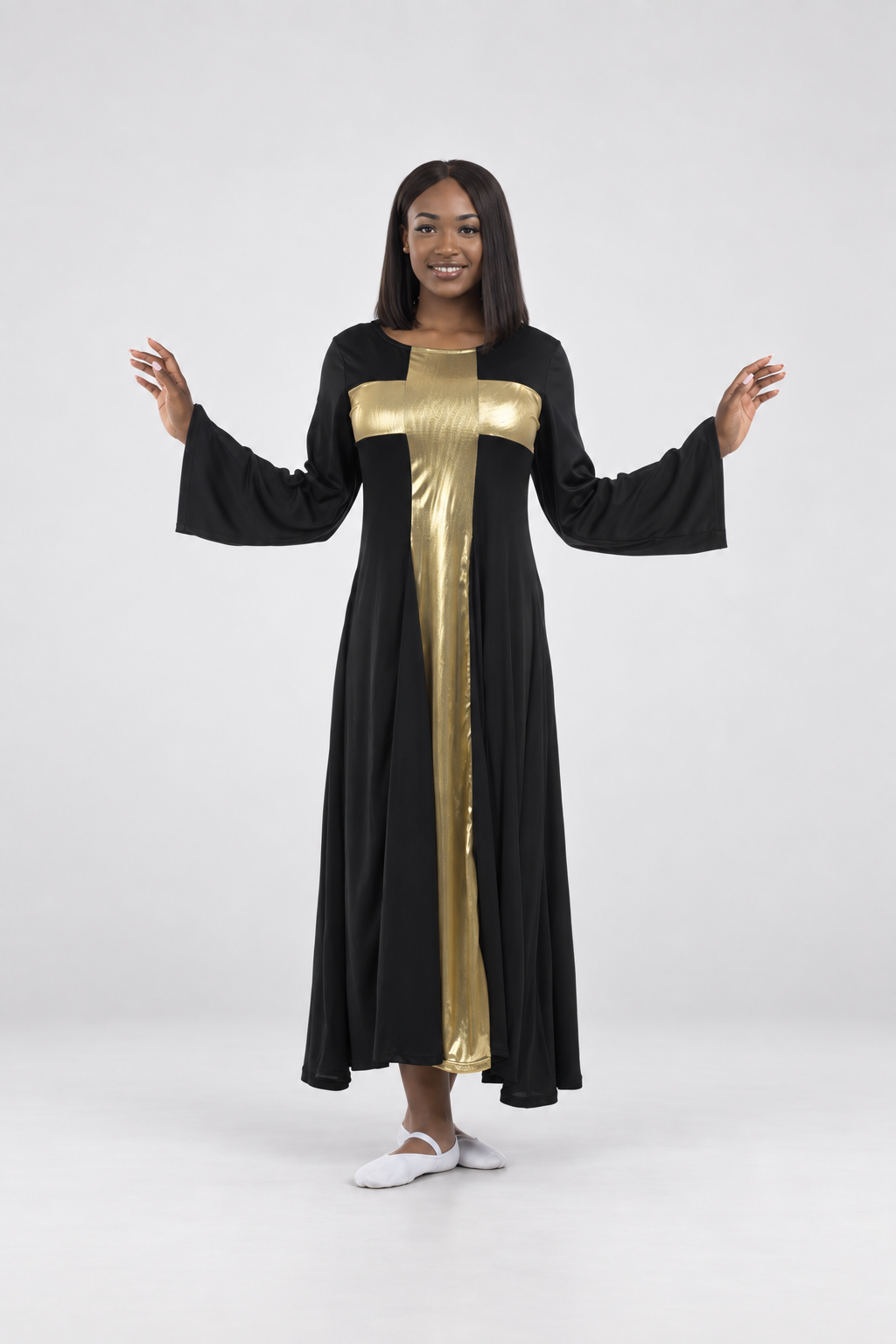 Metallic Panel Flared Cross Long Dress
