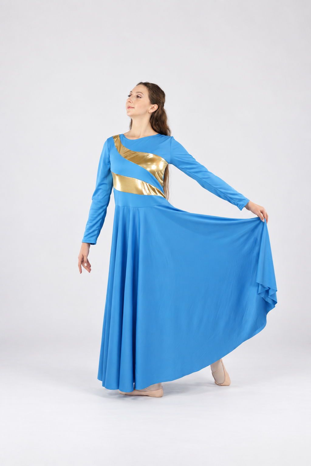Diagonal Gold Stripe Long Sleeve Dance Dress