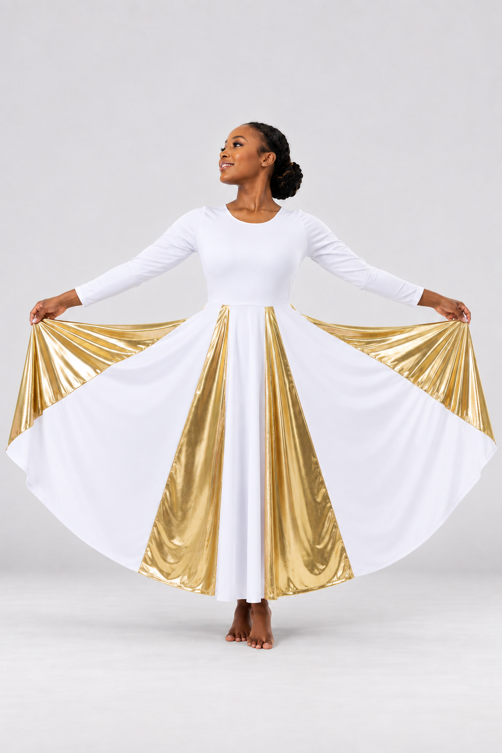 Metallic Panel Flowing Performance Dress
