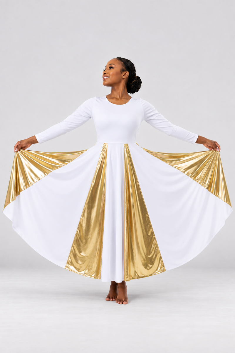 Metallic Panel Flowing Performance Dress