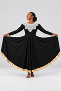 Lace Yoke Metallic Trim Flowing Dress