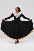 Lace Yoke Metallic Trim Flowing Dress