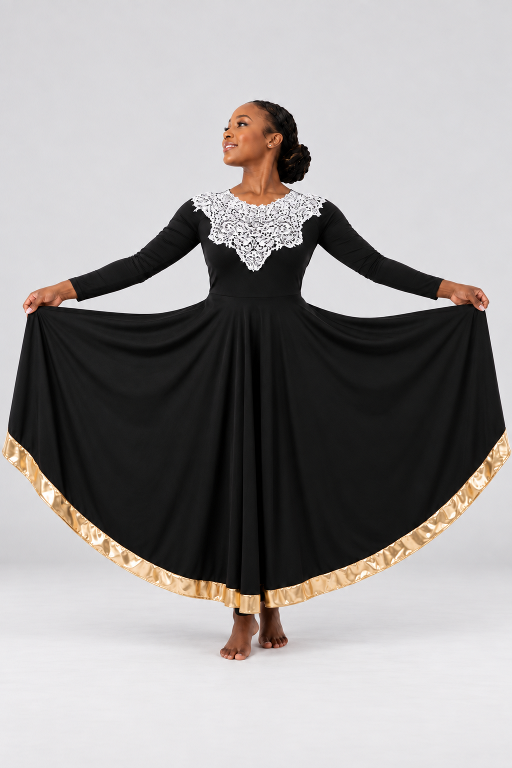 Lace Yoke Metallic Trim Flowing Dress