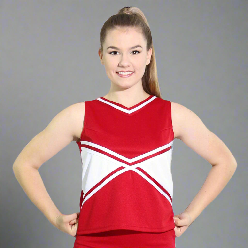 Danzcue Adult 2-Color Kick Sweetheart Cheerleaders Uniform Shell Top - Scarlet/White