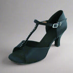 Danzcue "Tina" Adult T-Strap Rhinestone Open Toe Ballroom Shoes - Black