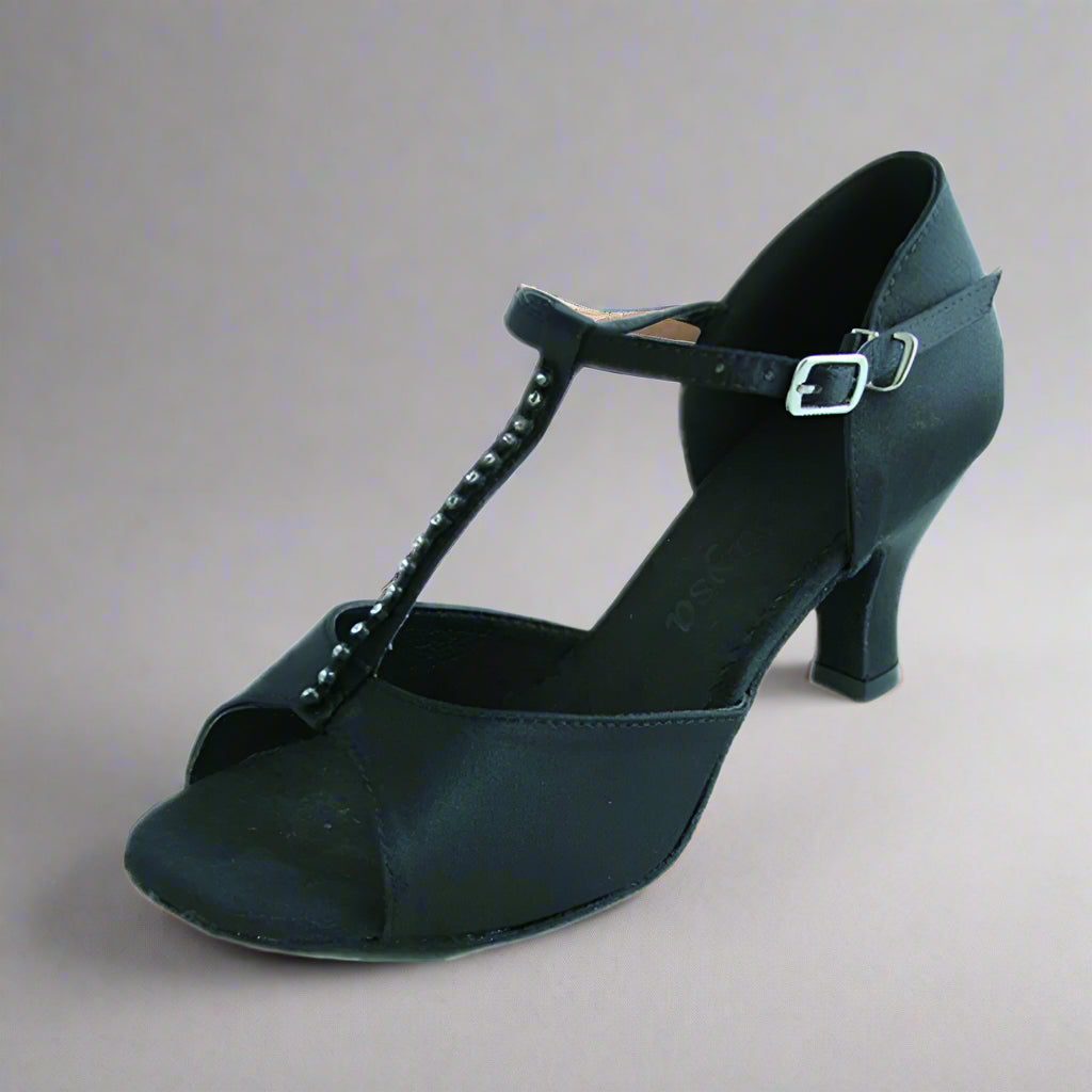 Danzcue "Tina" Adult T-Strap Rhinestone Open Toe Ballroom Shoes - Black