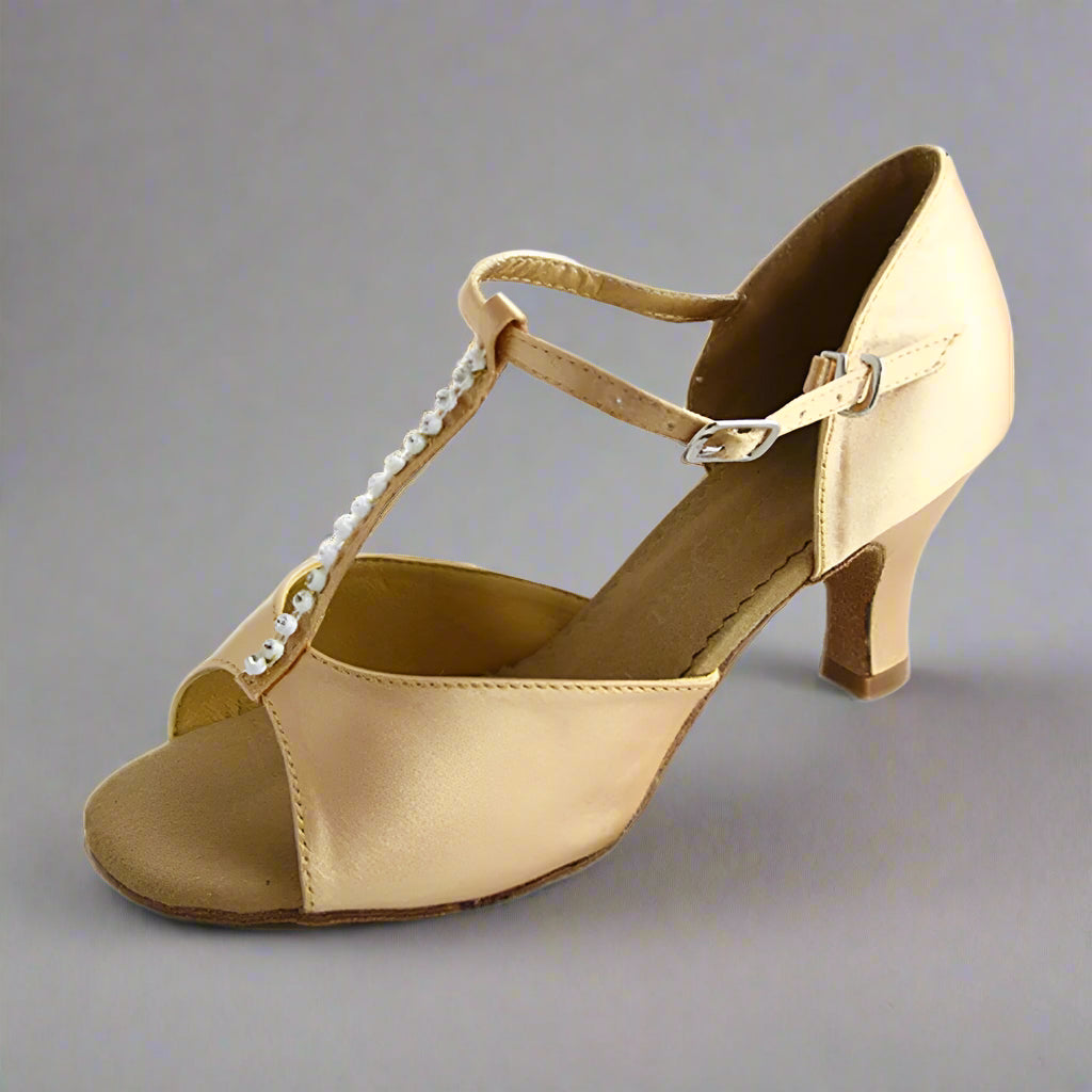 Danzcue "Tina" Adult T-Strap Rhinestone Open Toe Ballroom Shoes - Tan