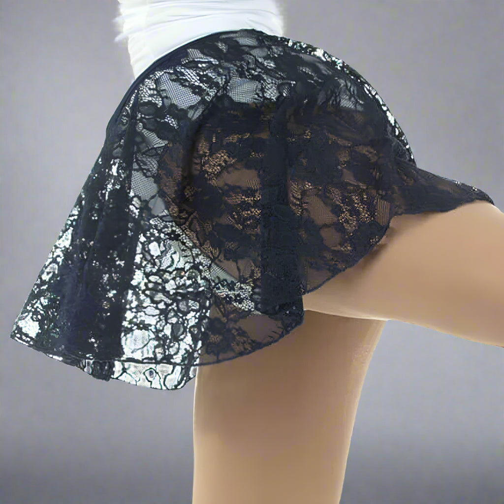 Danzcue Adult Ballet Dance Skirt Stretch Asymmetrical Lace High-Low Hemline - Navy