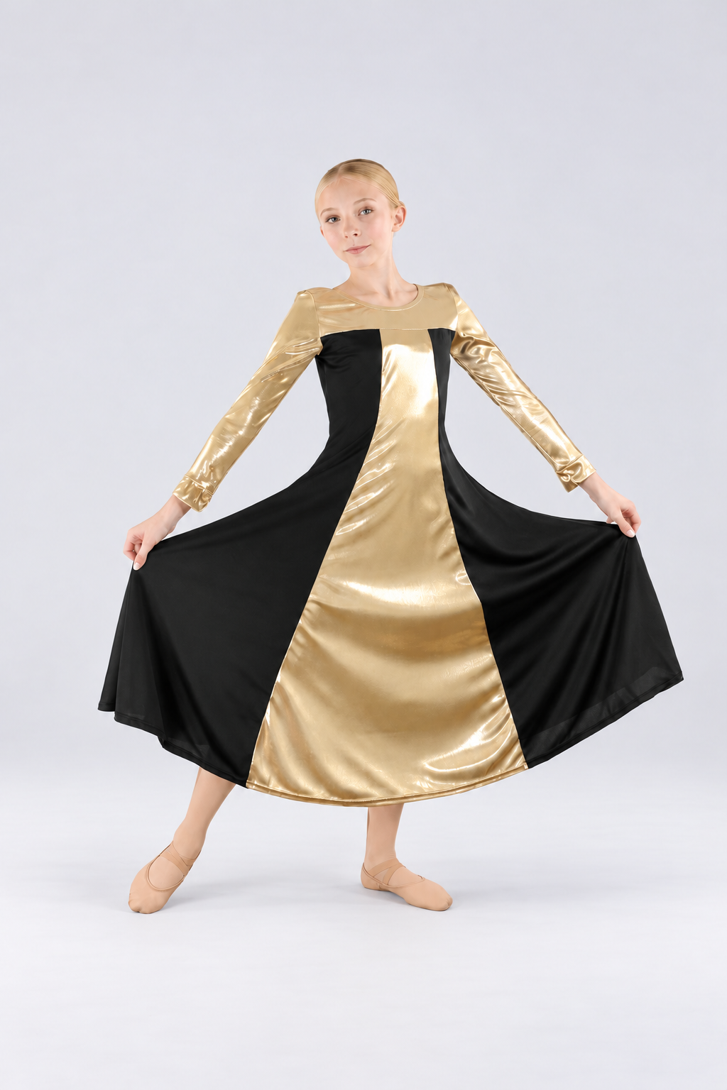 Girls' Long-Sleeve Metallic Color-Block Praise Dance Dress