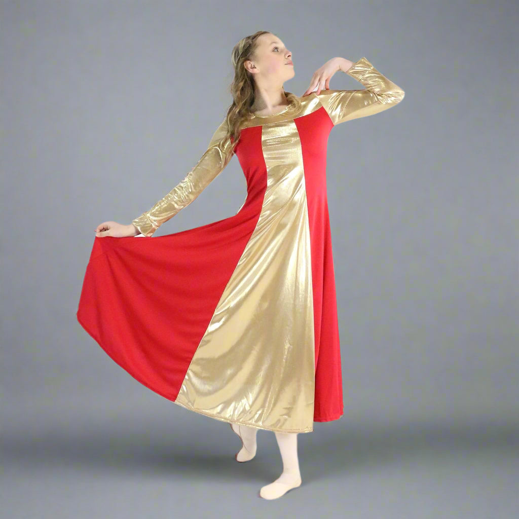 Danzcue Child Metallic Color Block Long Sleeve Praise Dress - Scarlet-Gold