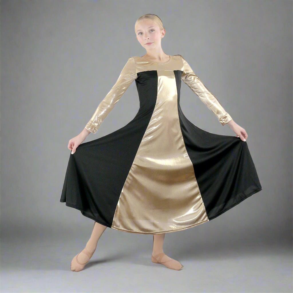 Danzcue Child Metallic Color Block Long Sleeve Praise Dress - Black-Gold