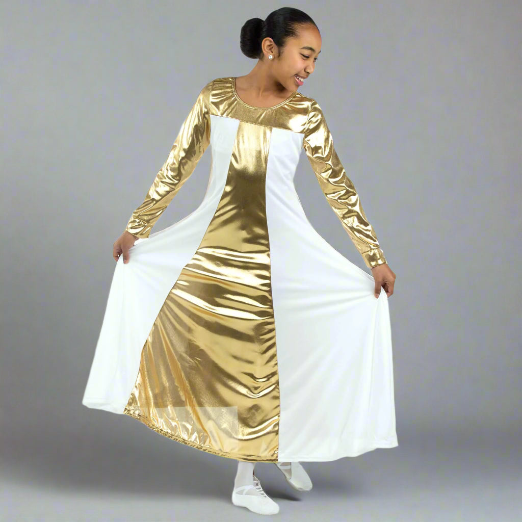 Danzcue Child Metallic Color Block Long Sleeve Praise Dress - White-Gold
