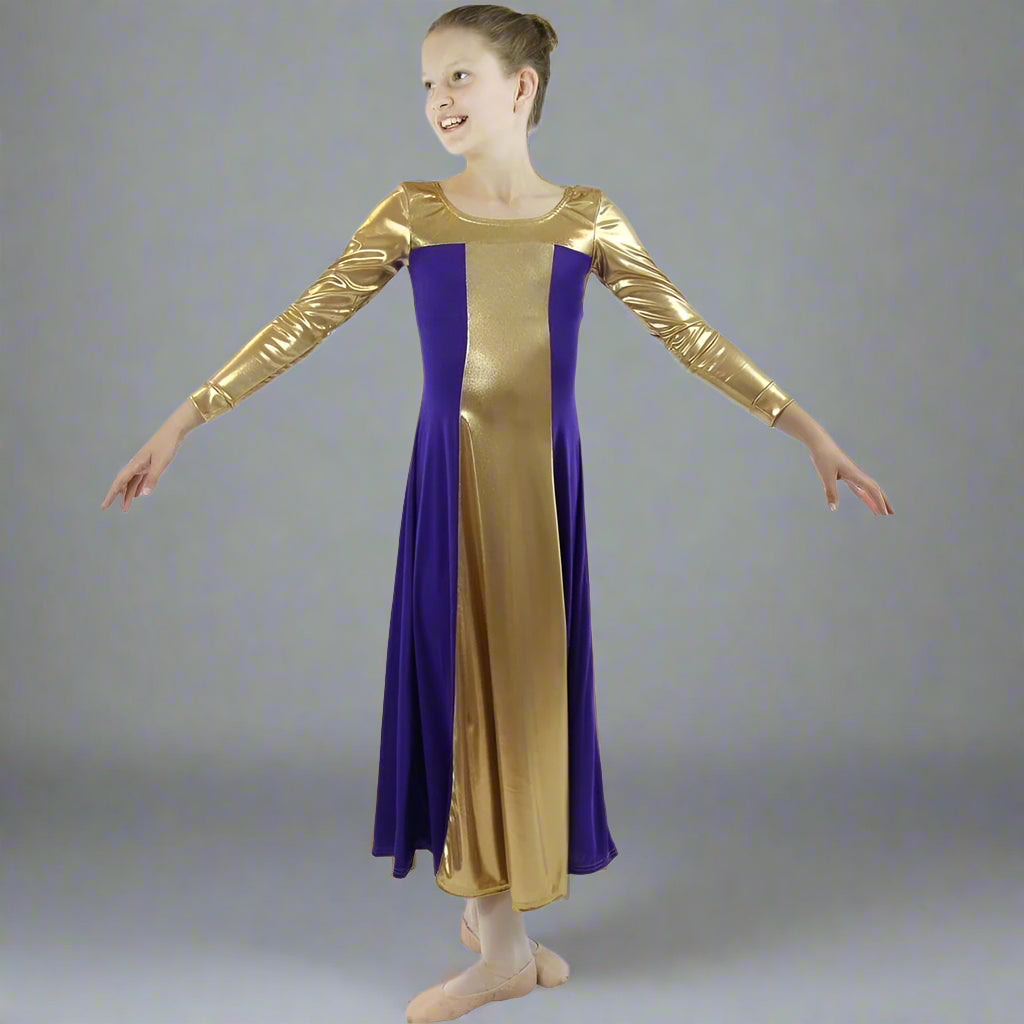 Danzcue Child Metallic Color Block Long Sleeve Praise Dress