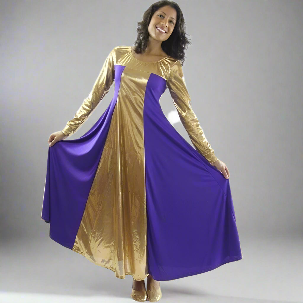 Danzcue Metallic Color Block Long Sleeve Praise Dance Dress - Deep Purple-Gold