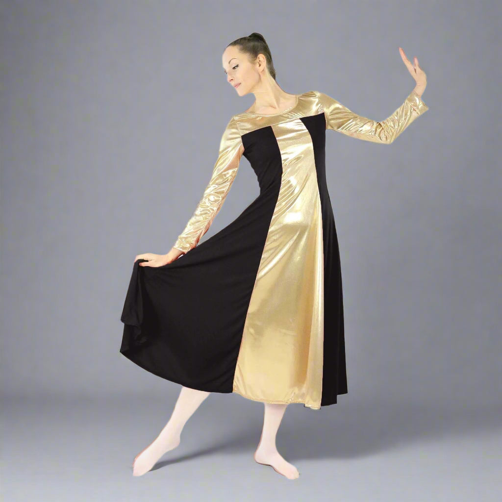Danzcue Metallic Color Block Long Sleeve Praise Dance Dress - Black/Gold