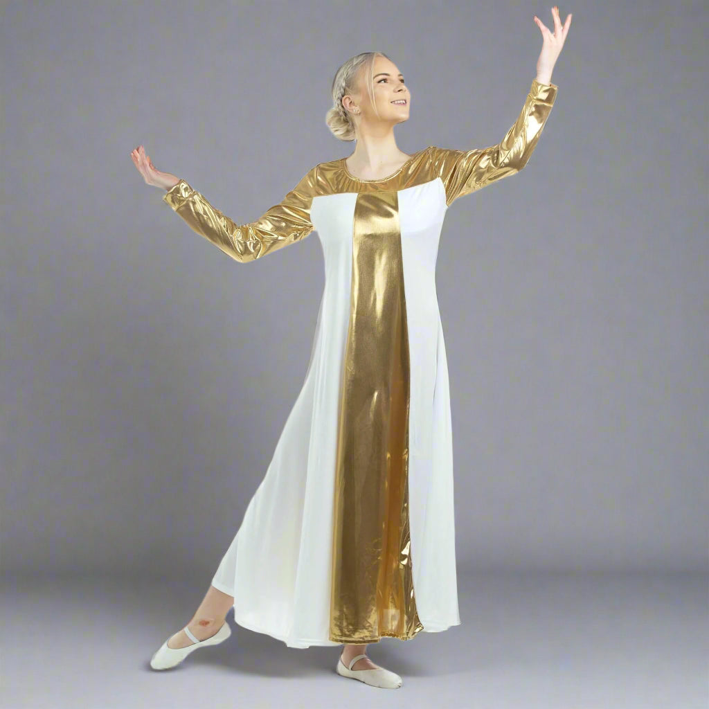 Danzcue Metallic Color Block Long Sleeve Praise Dance Dress - White-Gold
