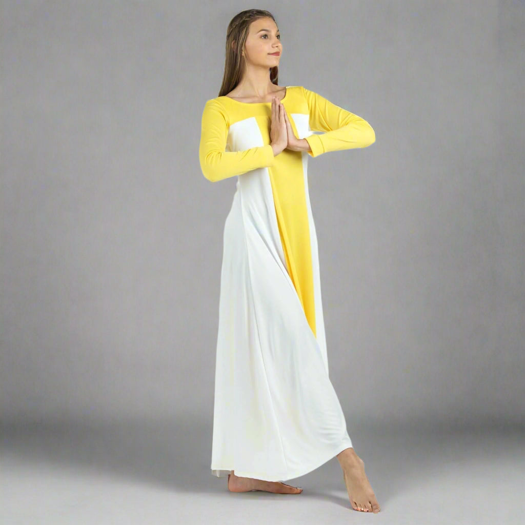 Danzcue Metallic Color Block Long Sleeve Praise Dance Dress - White-Yellow