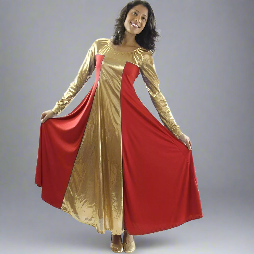 Danzcue Metallic Color Block Long Sleeve Praise Dance Dress - Scarlet-Gold