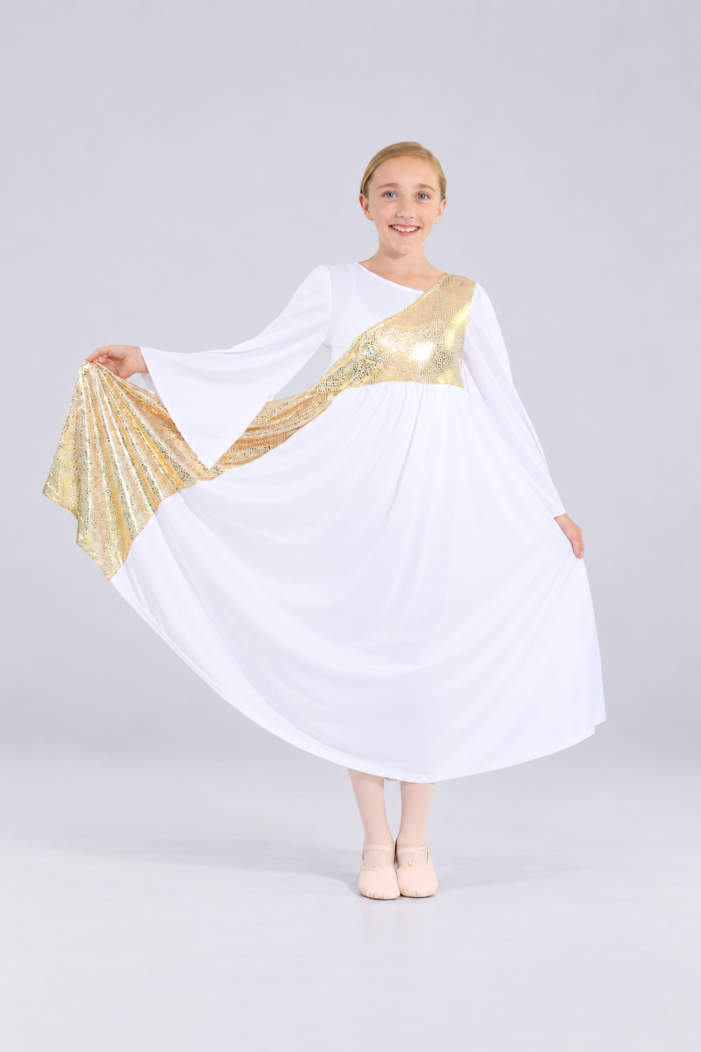Child Shimmery Asymmetrical Bell Sleeve Dress